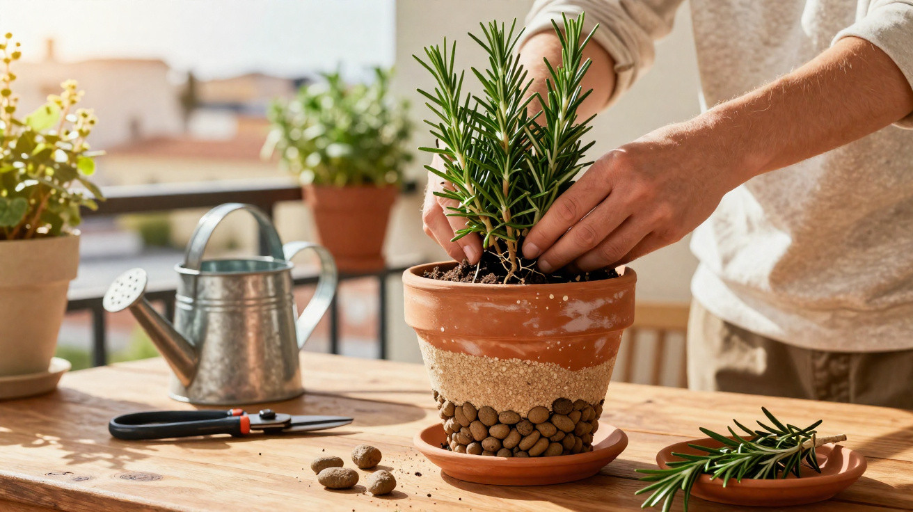 Pessoa transplantando muda de alecrim em vaso de barro, com regador e tesoura em mesa de madeira.