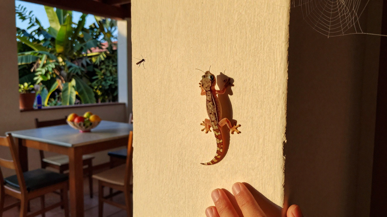 Lagarto pequeno subindo na parede bege com mão humana próxima ao lado direito em ambiente de varanda.