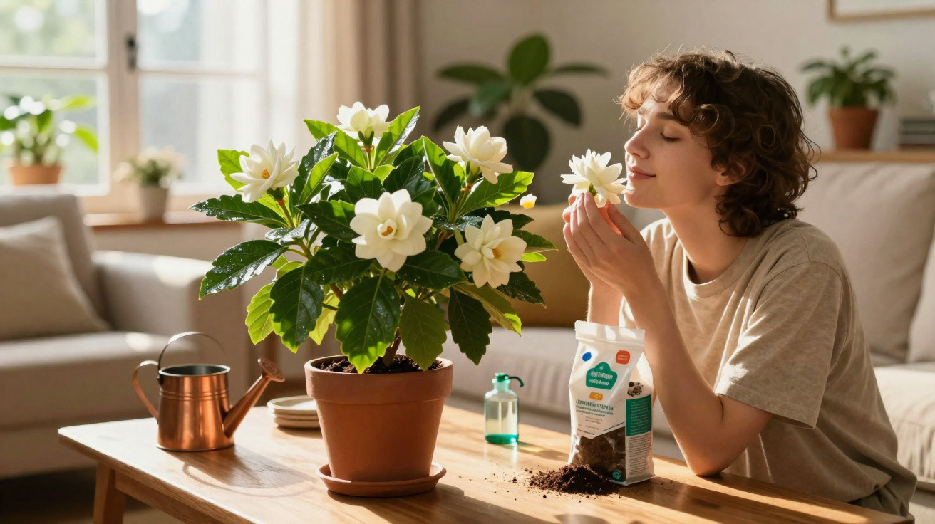 Pessoa cheirando flor branca de planta em vaso sobre mesa de madeira, ambiente interno iluminado.