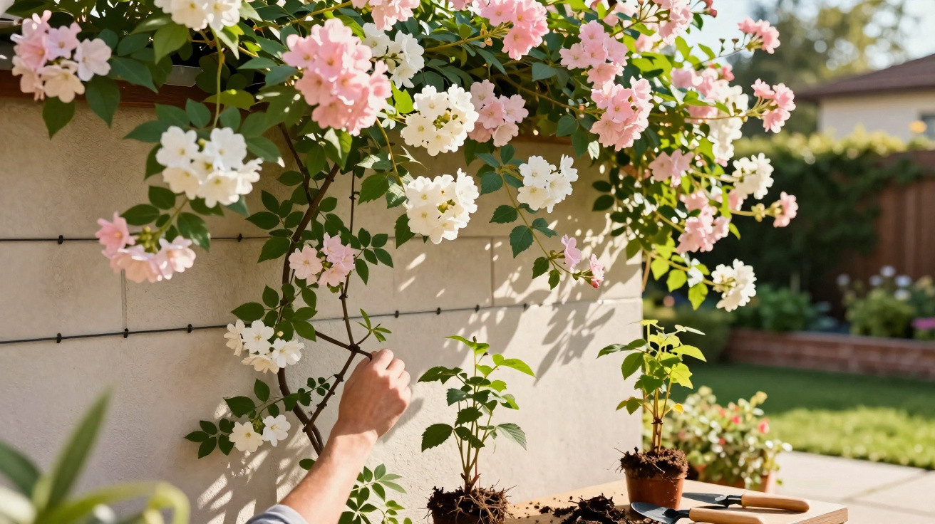 Mãos cuidando de flores rosas e brancas em jardim ensolarado com ferramentas de jardinagem ao lado.