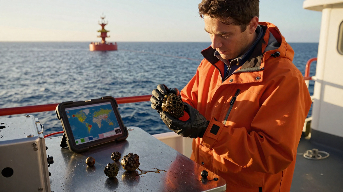 Homem com jaqueta laranja analisa objeto marinho em navio, com mapa digital e mar ao fundo.