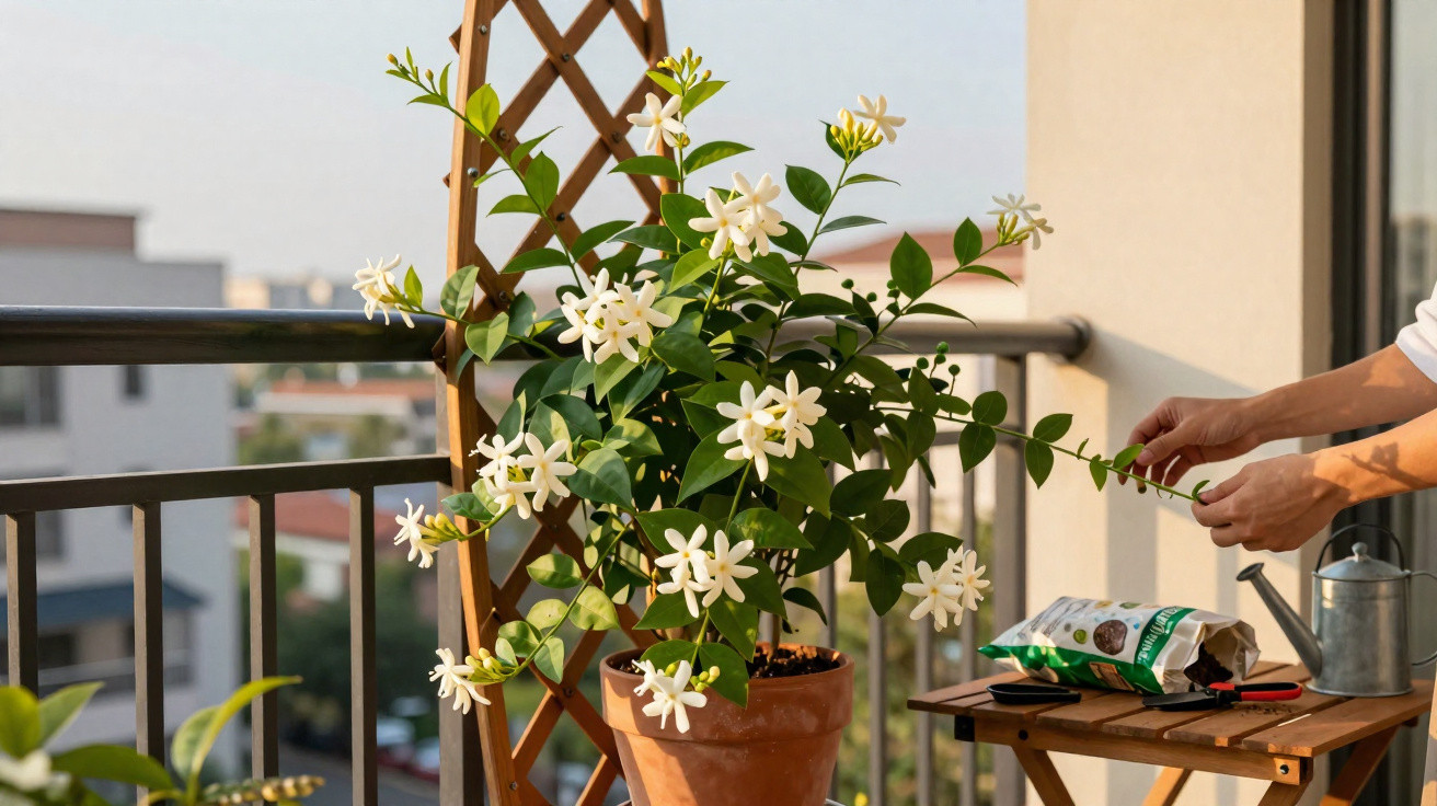 Vaso de jasmim com flores brancas em varanda, com mãos podando galho ao lado de mesa de madeira.