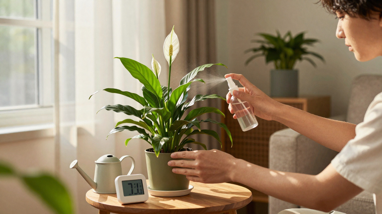 Pessoa borrifando água em planta com flores brancas sobre mesa de madeira em ambiente interno iluminado