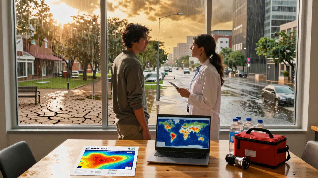 Duas pessoas discutem mudanças climáticas com imagens de seca e chuva intensa ao fundo e mapas em tela e papel.