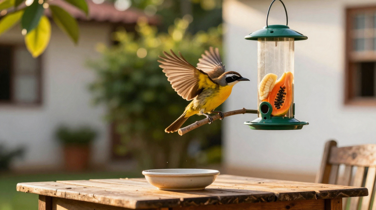 Pássaro amarelo voando próximo a comedouro com frutas em mesa de madeira ao ar livre.