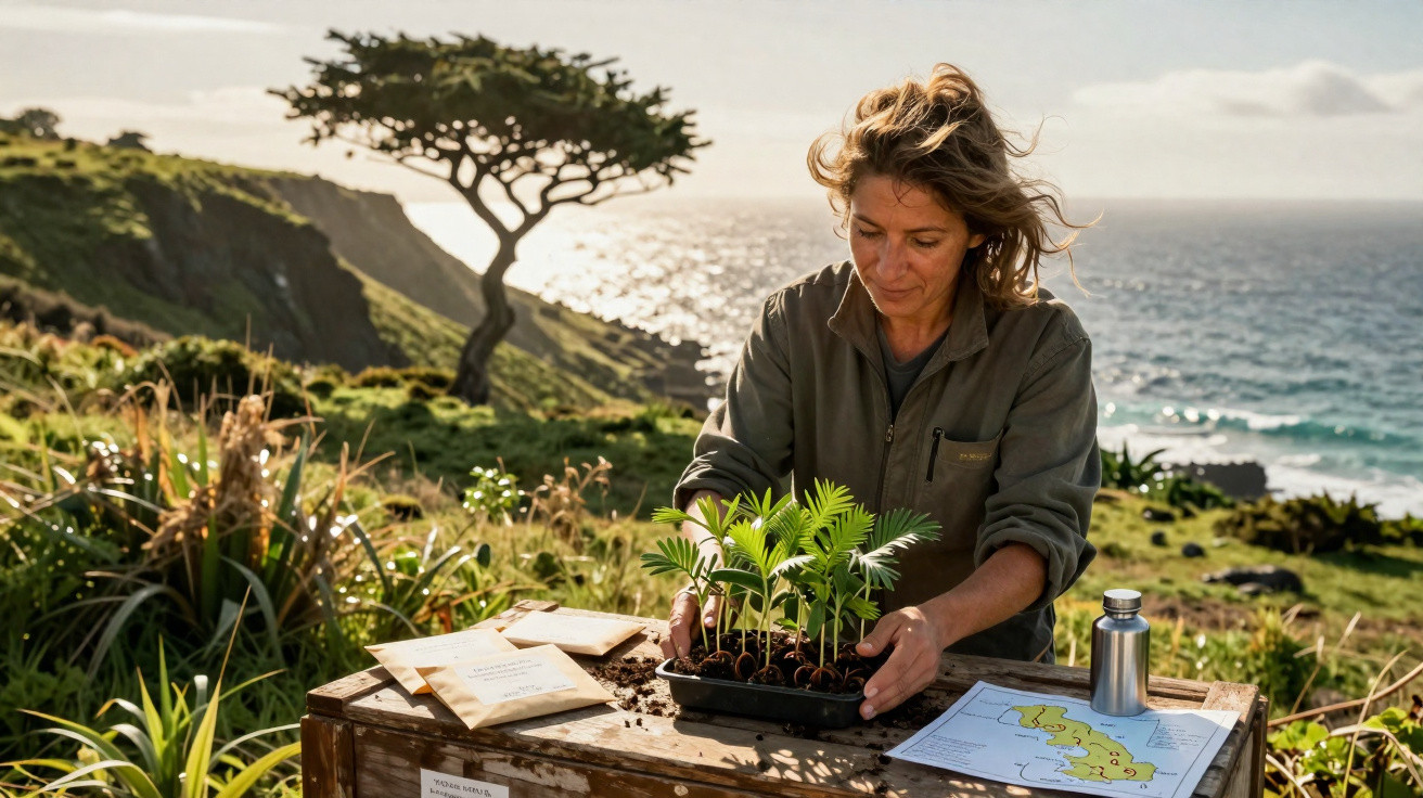 Mulher cuidando de mudas em bandeja, com vista para o mar e vegetação ao redor em dia ensolarado.