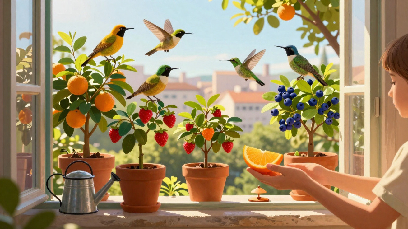 Menino oferece fatia de laranja a beija-flores em janela com vasos de frutas e plantas.
