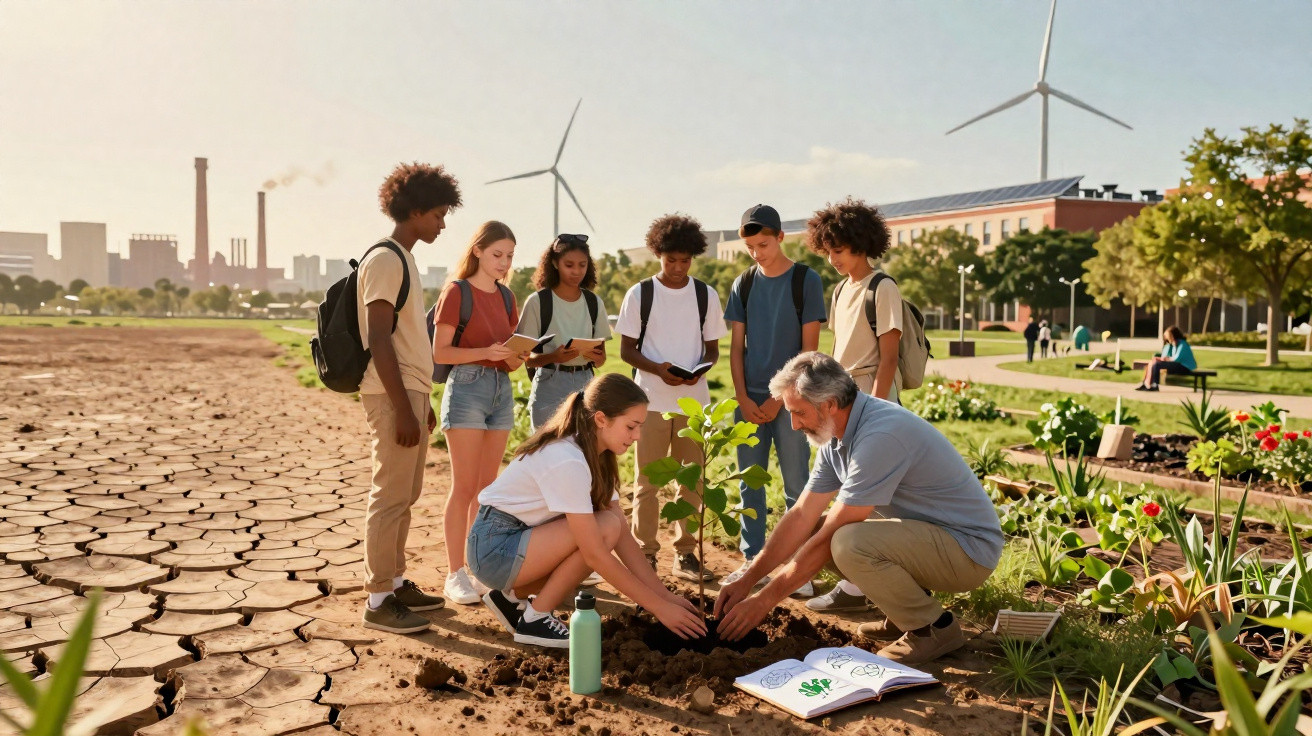 Grupo diverso de jovens e professor plantando árvore em área urbana com moinhos e indústria ao fundo.
