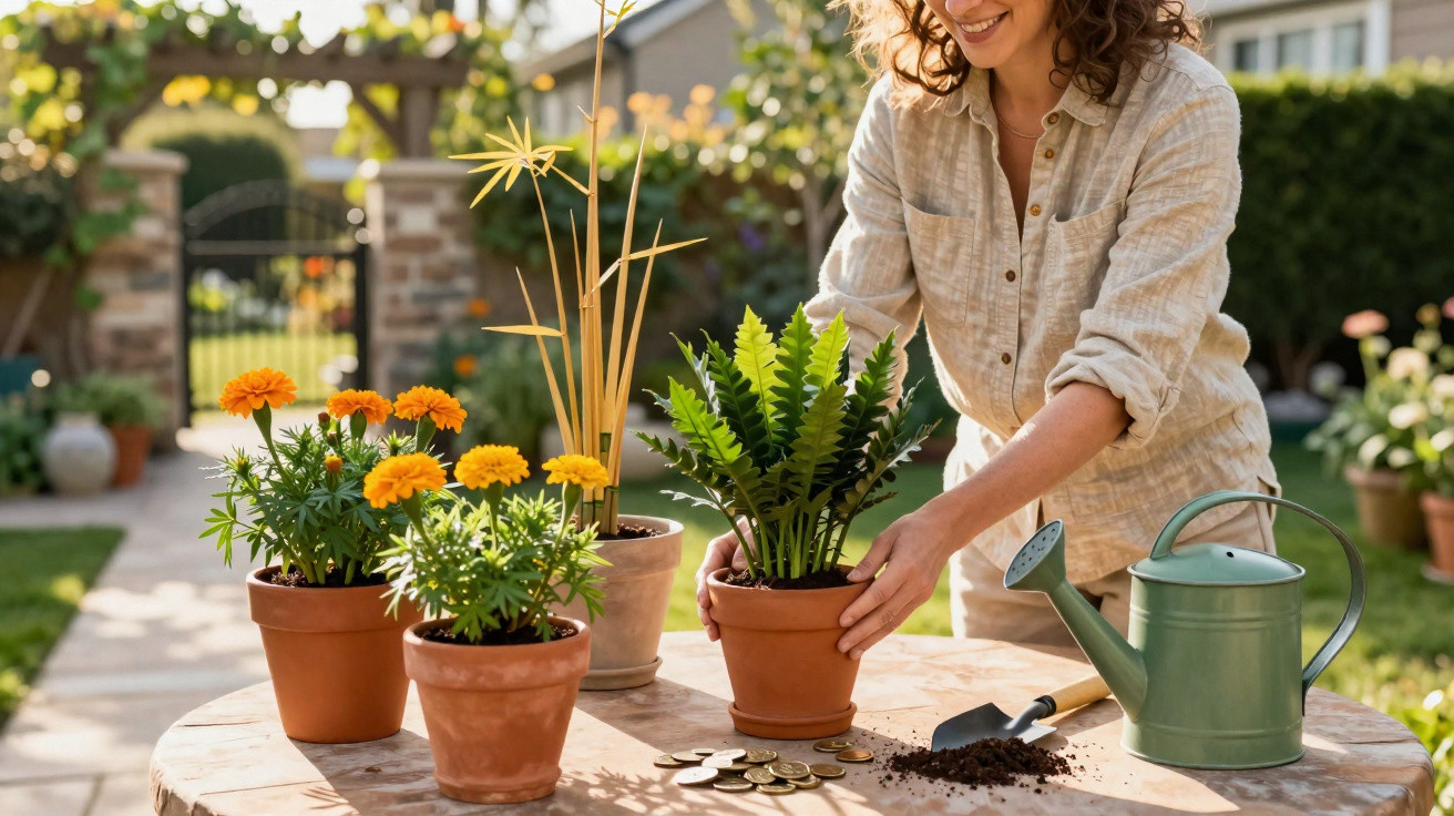 Mulher sorridente cuidando de plantas em vasos sobre mesa redonda em jardim ensolarado.