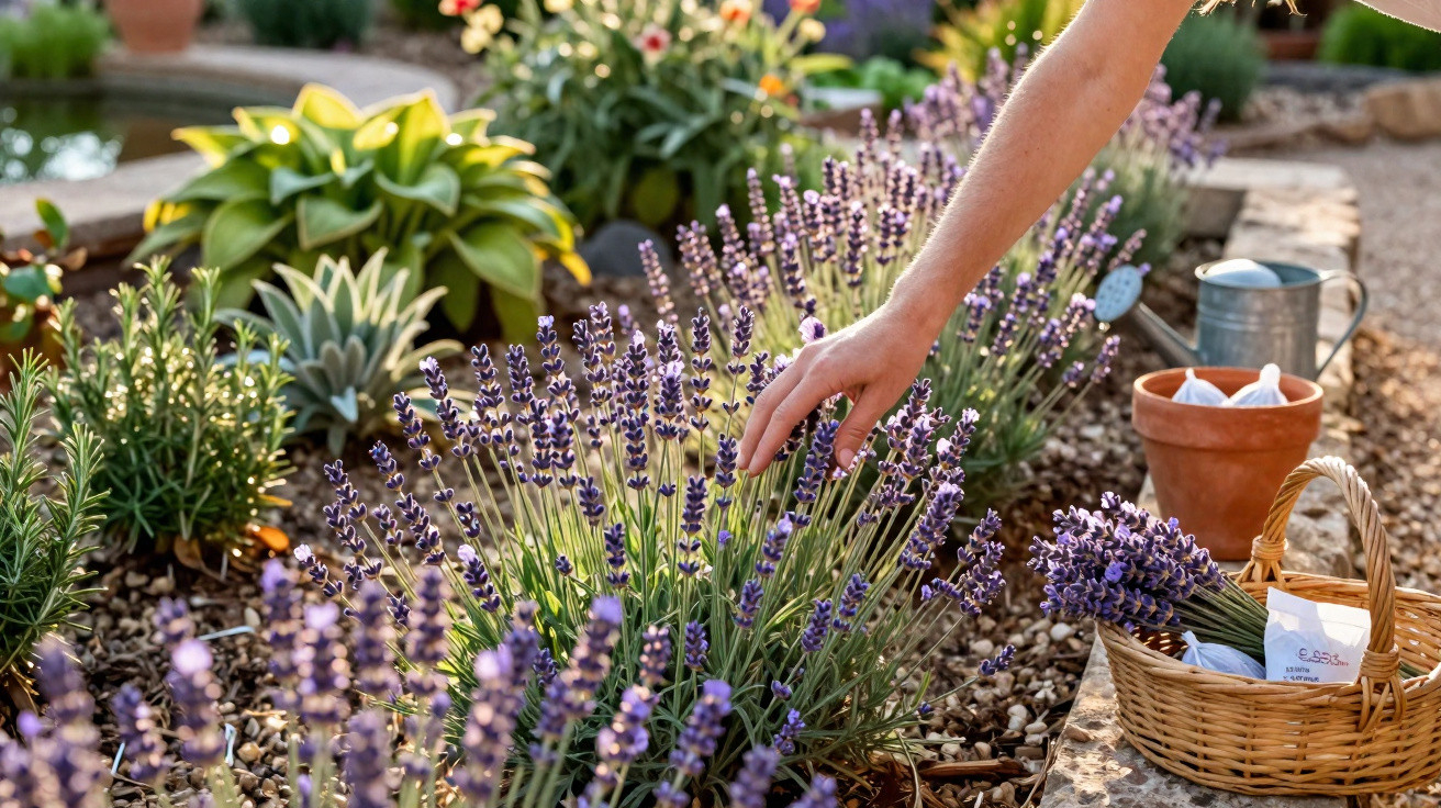 Pessoa colhendo flores de lavanda em canteiro com cesta e regador ao lado em jardim ensolarado