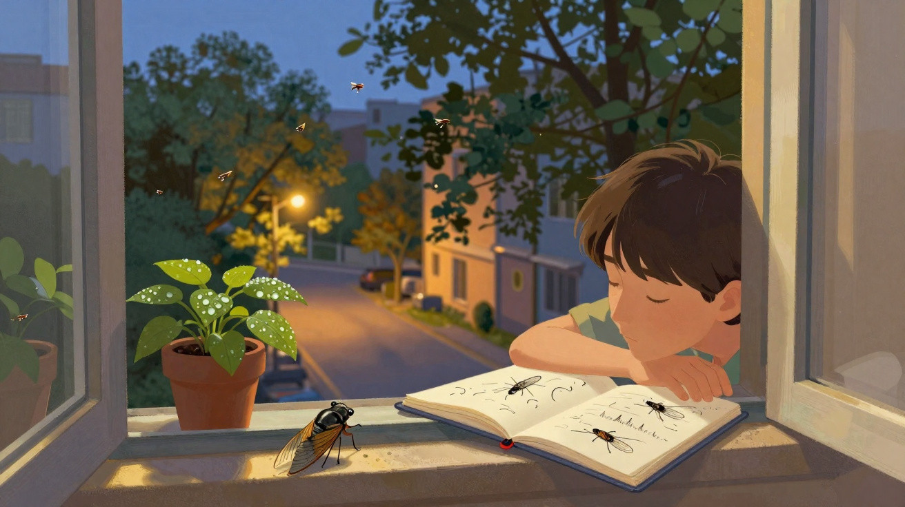 Menino observando insetos em livro aberto sentado na janela ao anoitecer com planta ao lado e rua ao fundo.