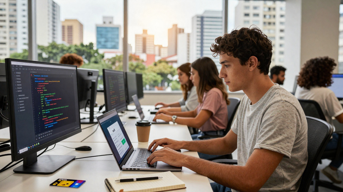 Jovens programadores trabalhando em laptops e computadores em escritório moderno com vista para cidade.