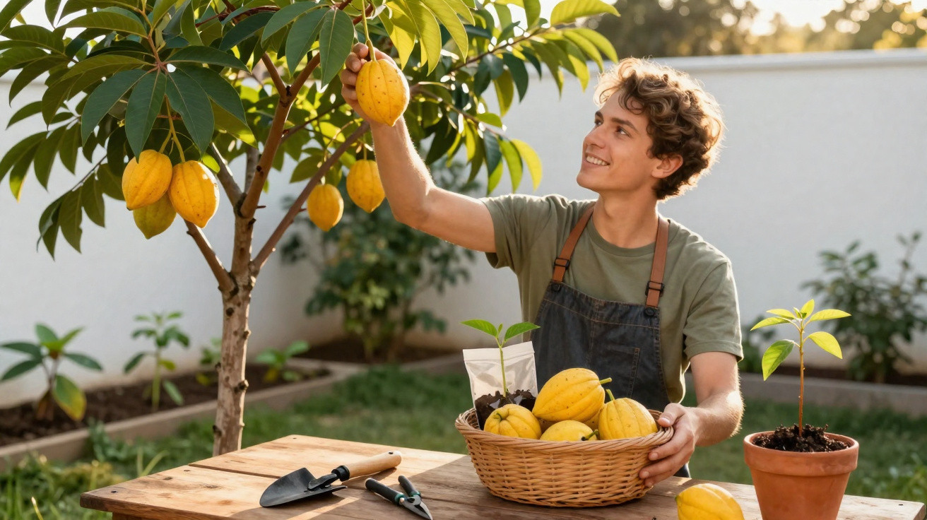 Jovem colhendo frutos amarelos de árvore com cesta cheia e ferramentas de jardinagem na mesa.