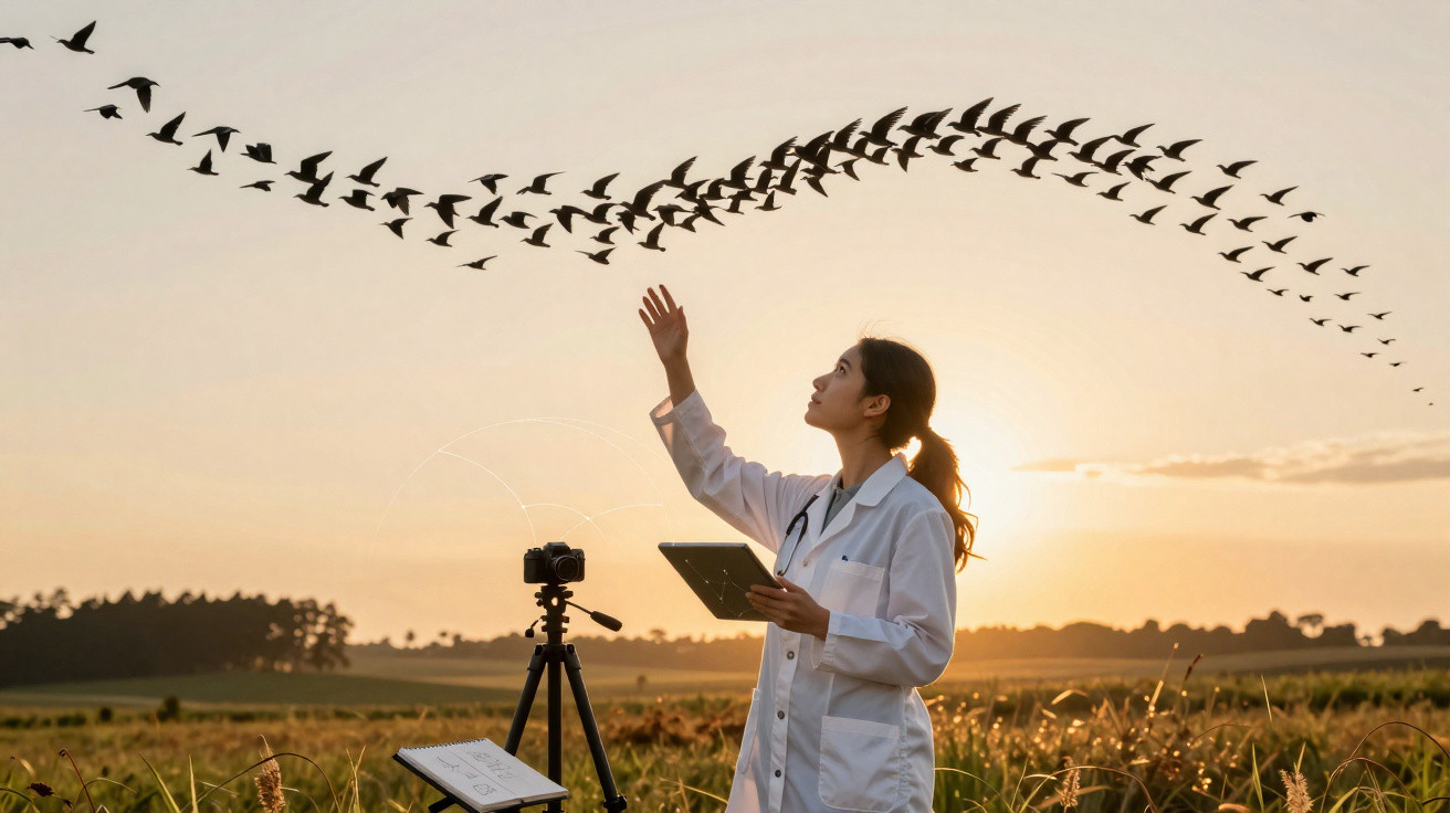 Pesquisadora com jaleco estuda voo de pássaros ao pôr do sol em campo aberto com câmera e tablet.