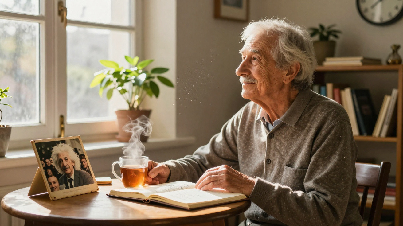 Idoso sentado à mesa lendo livro com xícara de chá fumegante e retrato de Albert Einstein ao lado.