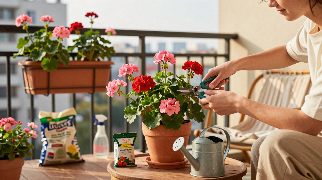 Pessoa cuidando de flores vermelhas e rosas em vasos no varal, com regador e produtos de jardinagem.
