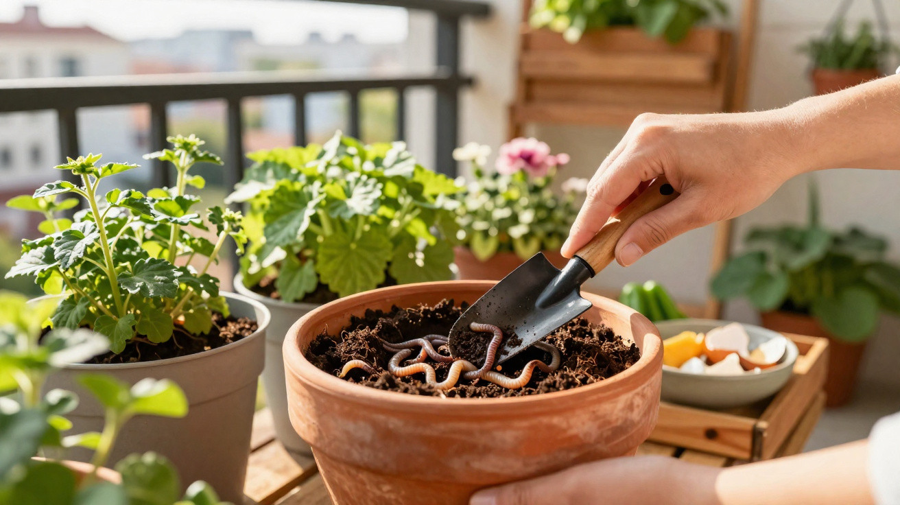 Mãos com pequena pá mexendo terra com minhocas em vaso de cerâmica em varanda com plantas.