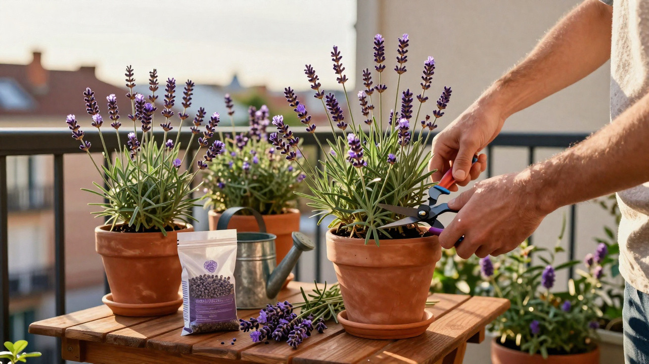 Mãos podando lavanda em vaso de barro sobre mesa de madeira em varanda ensolarada.