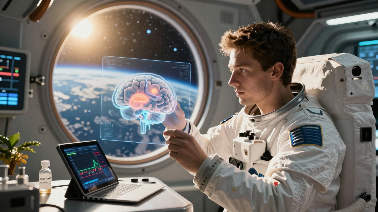 Astronauta analisando imagem holográfica de cérebro dentro da nave espacial com vista da Terra.