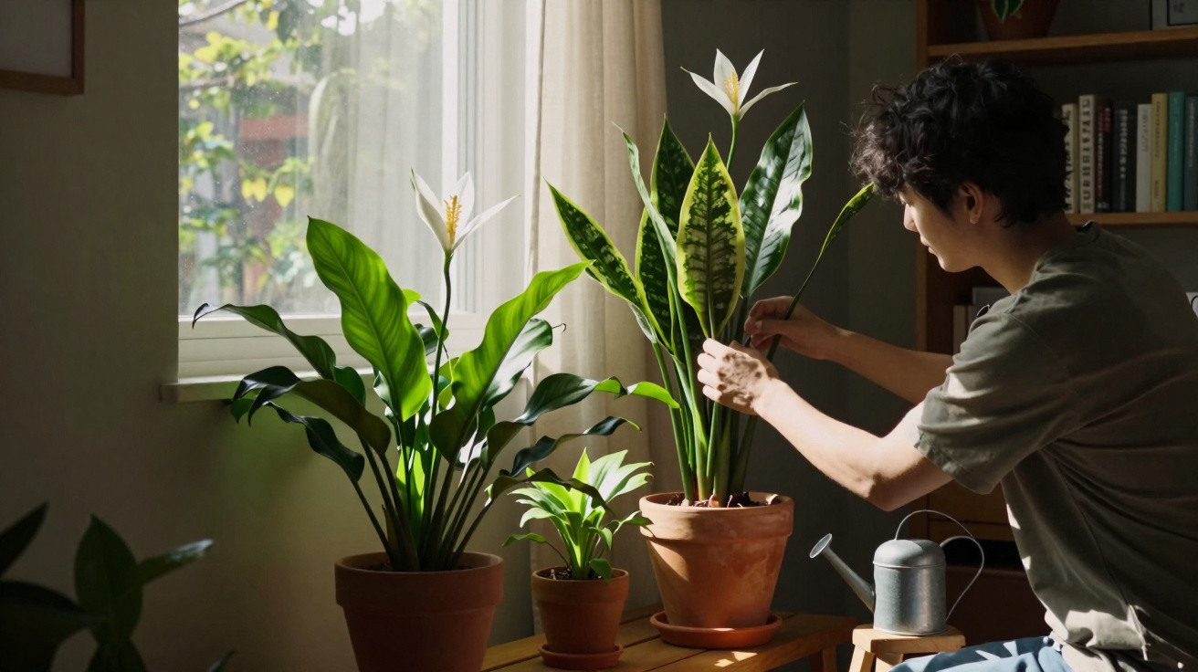 Pessoa cuidando de plantas em vasos perto de janela com luz natural em ambiente interno.