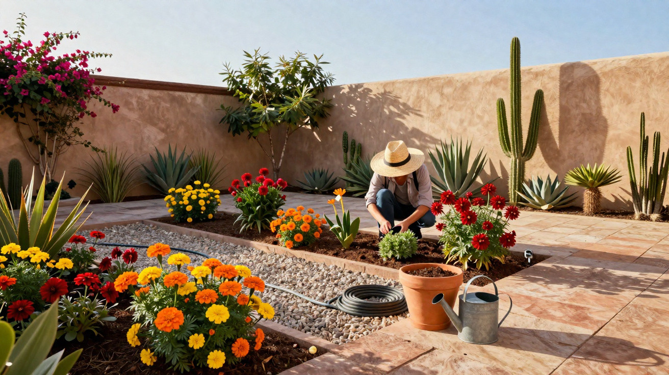 Pessoa usando chapéu cuida de flores coloridas em jardim com cactos e plantas suculentas ao fundo.