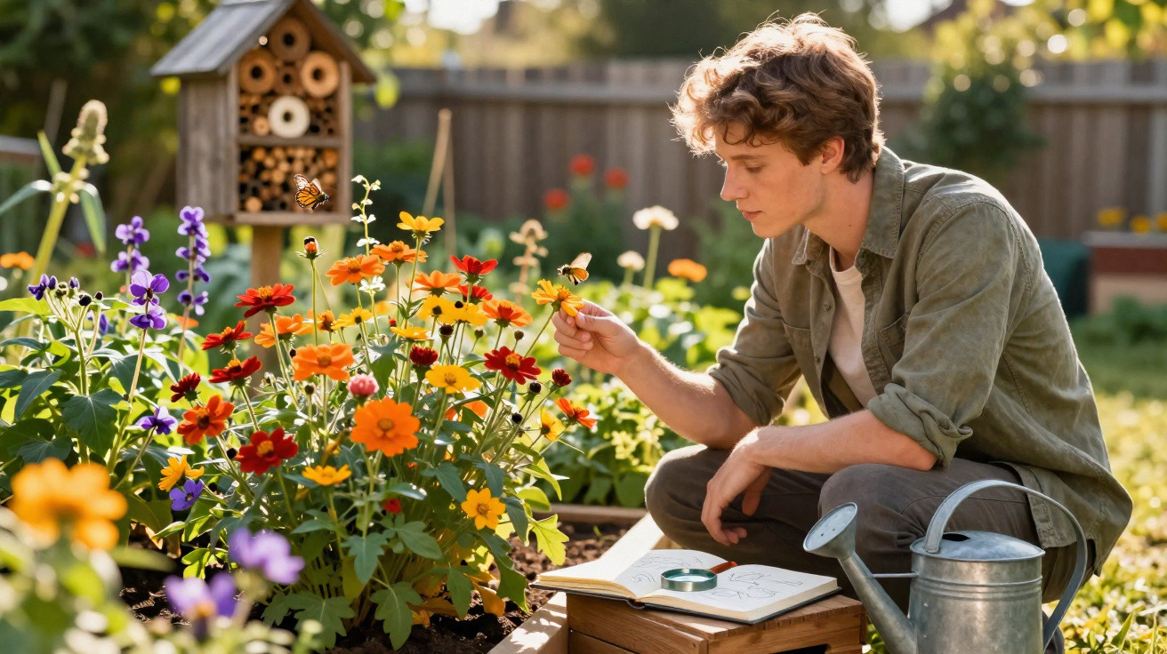 Jovem observando flores coloridas e borboletas em jardim, ao lado de regador e caderno aberto.