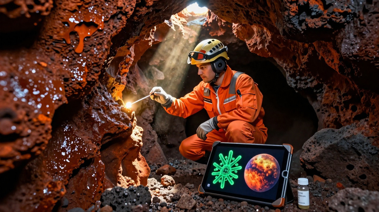 Cientista com equipamento de segurança explora caverna vulcânica enquanto analisa imagens em tablet.