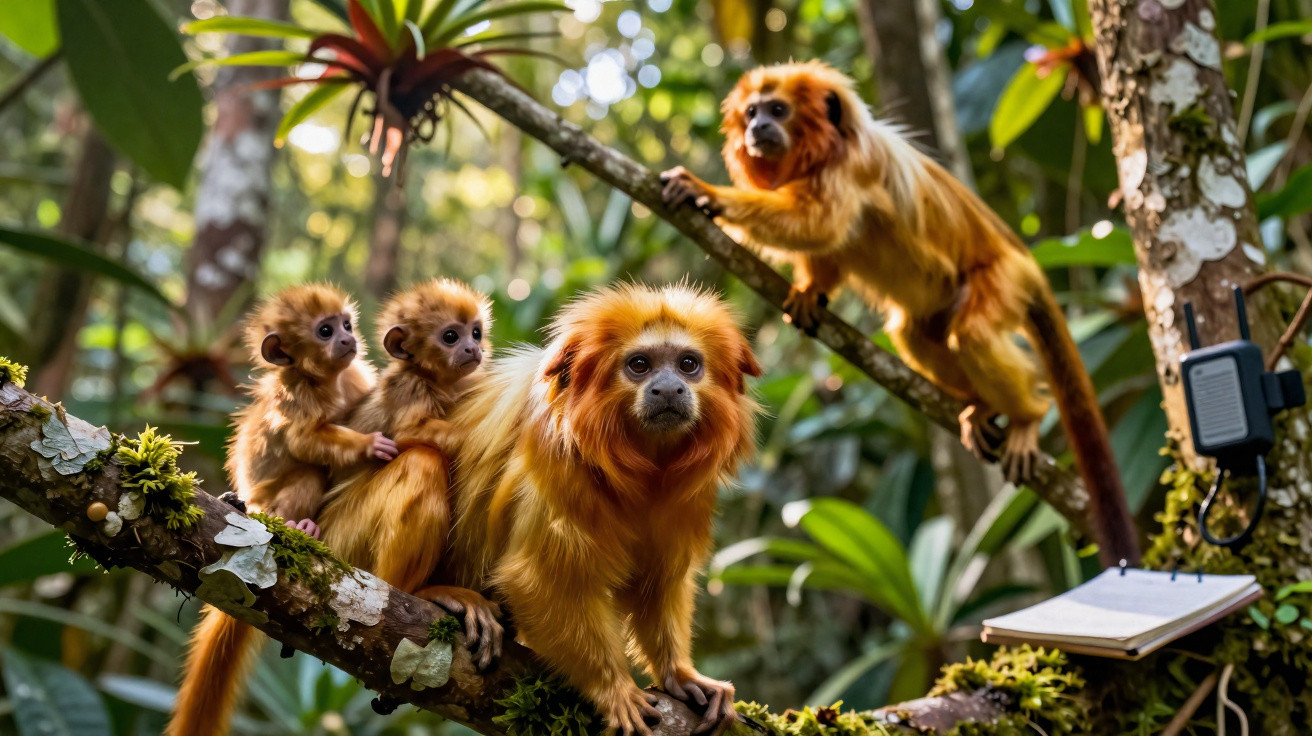 Grupo de macacos dourados em galhos na floresta, com dois filhotes nas costas de um adulto.