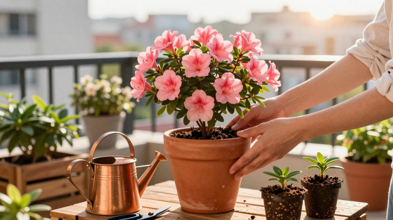Pessoa cuidando de azaleia rosa em vaso de barro em varanda com regador e outras plantas ao fundo.