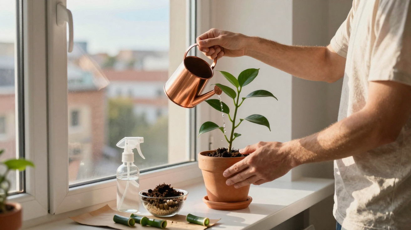 Pessoa regando planta em vaso de barro em peitoril de janela com regador de cobre.