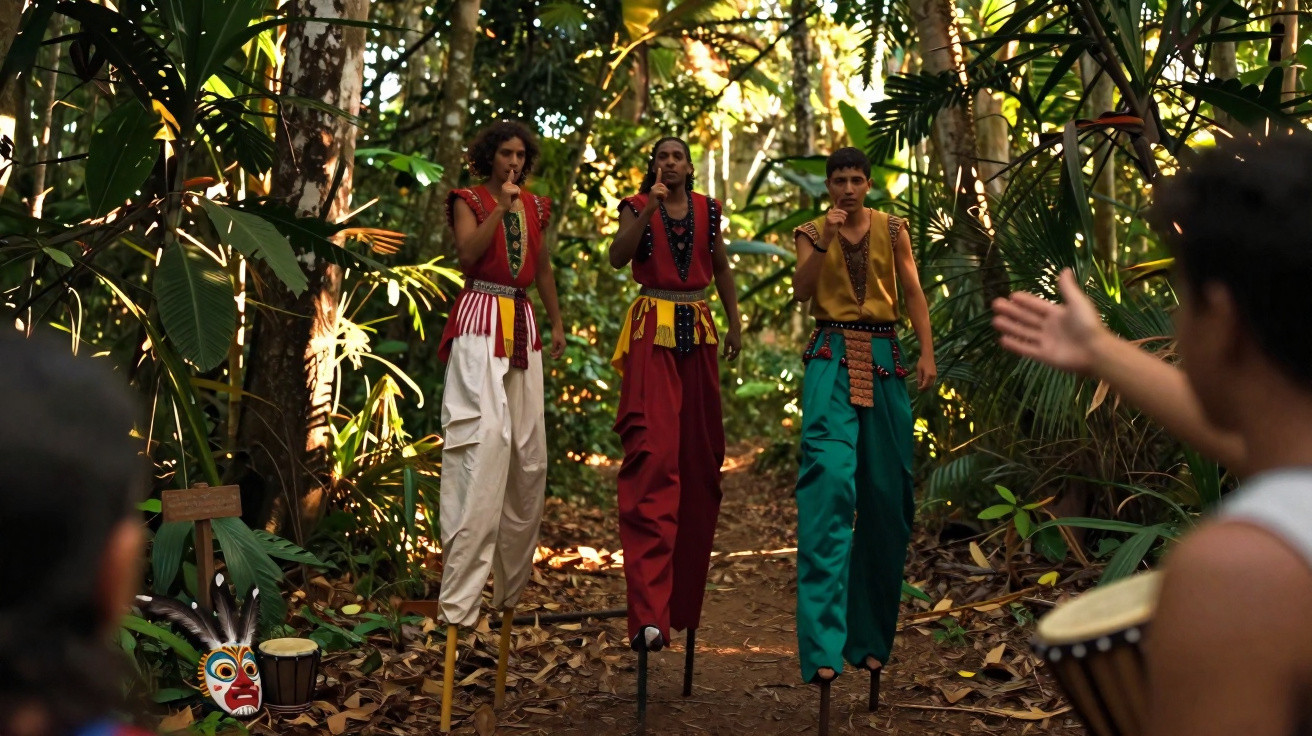 Três pessoas em pernas de pau com roupas coloridas em trilha na floresta, mostrando gesto de silêncio.