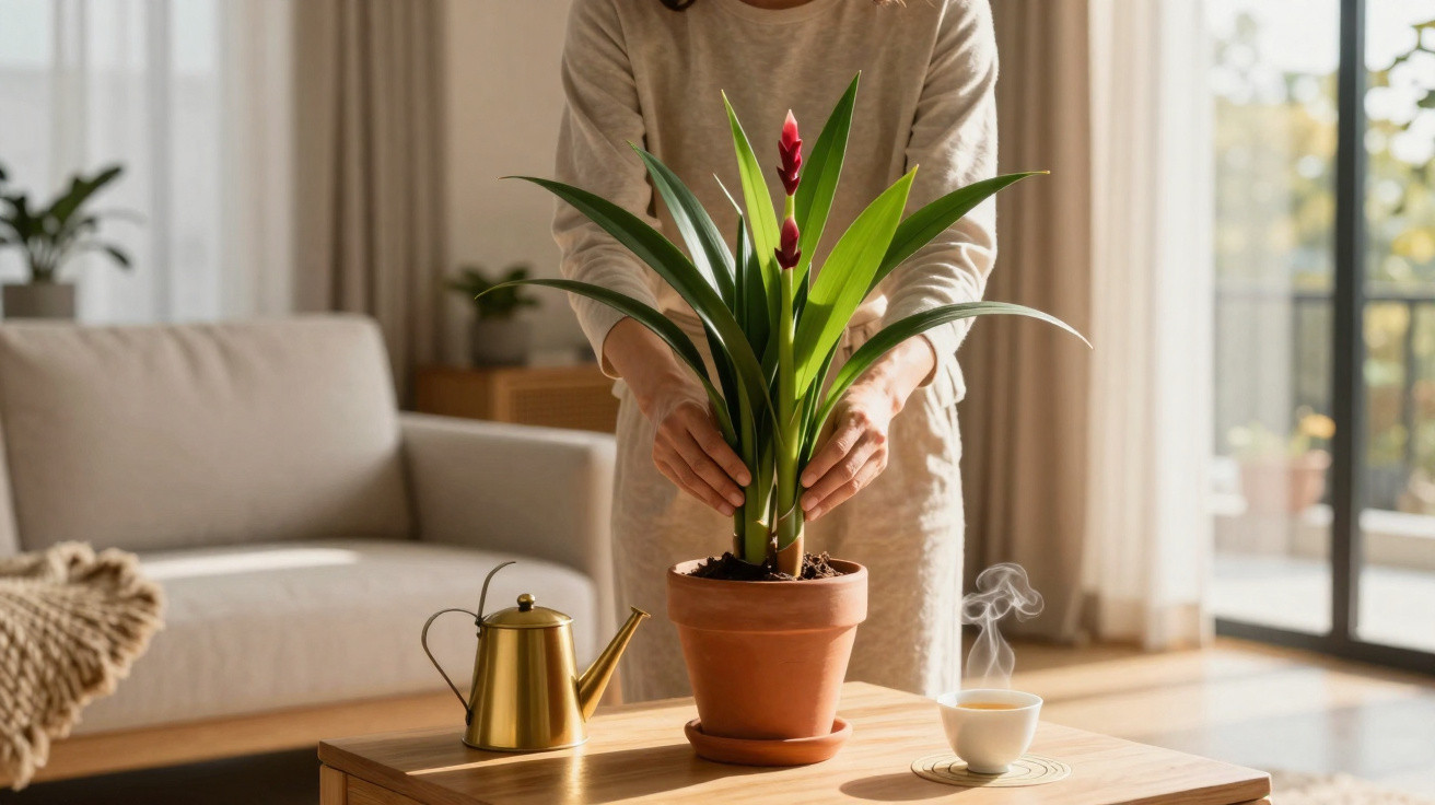 Pessoa cuidando de planta com flor vermelha em vaso dentro de sala iluminada pela luz natural.