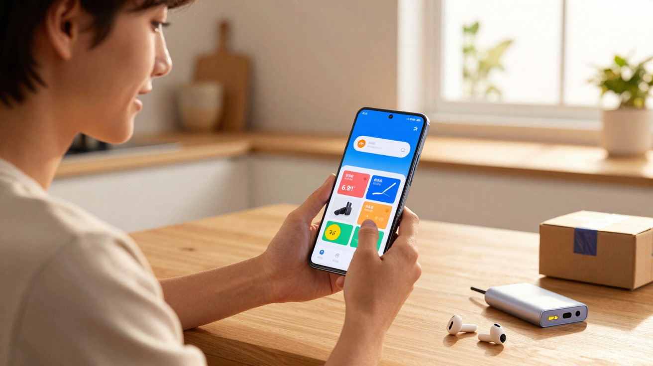 Pessoa segurando smartphone com aplicativo de monitoramento em mesa de madeira com fones e caixa.