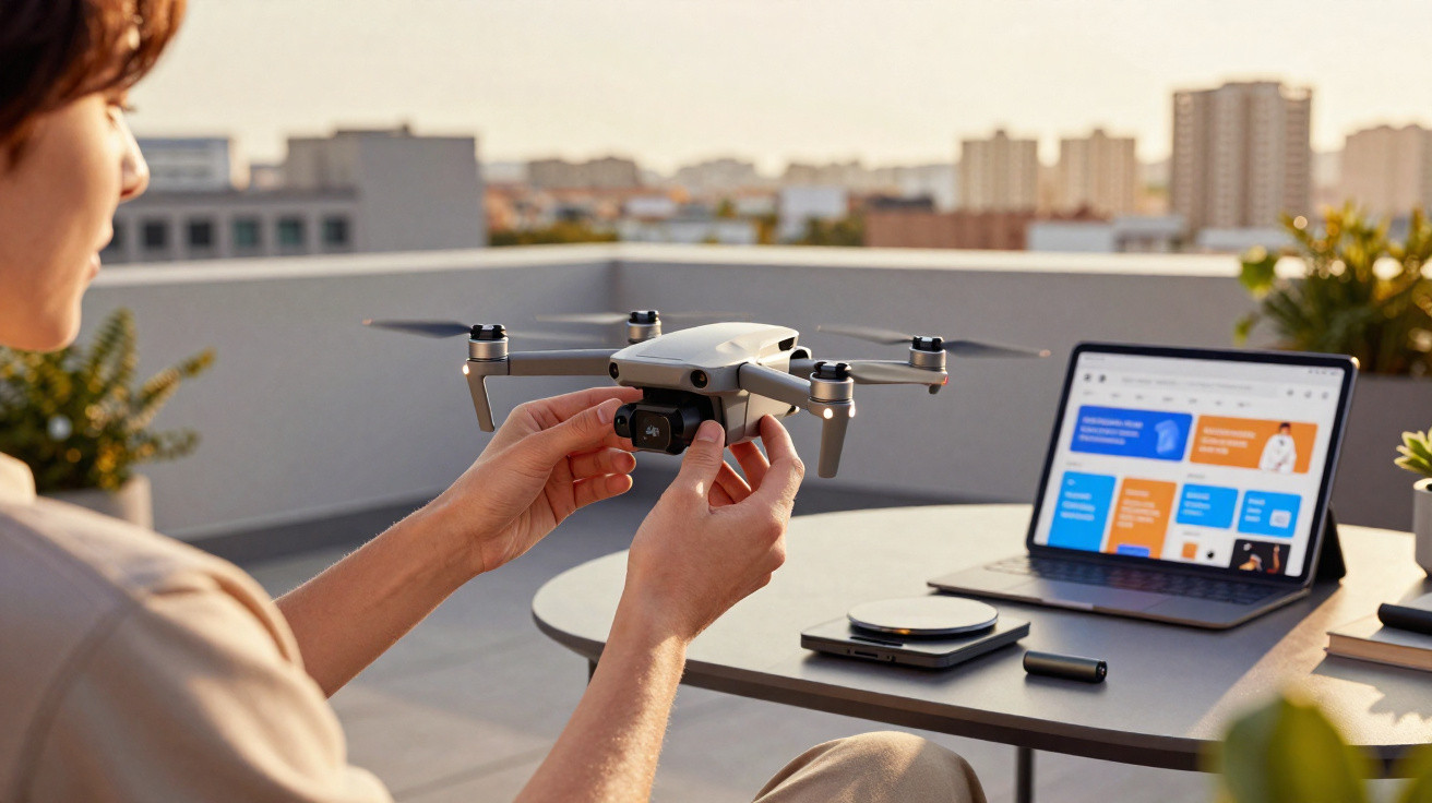 Pessoa segurando drone cinza em varanda, mesa com laptop, carregador e caneta ao fundo, prédio ao longe.