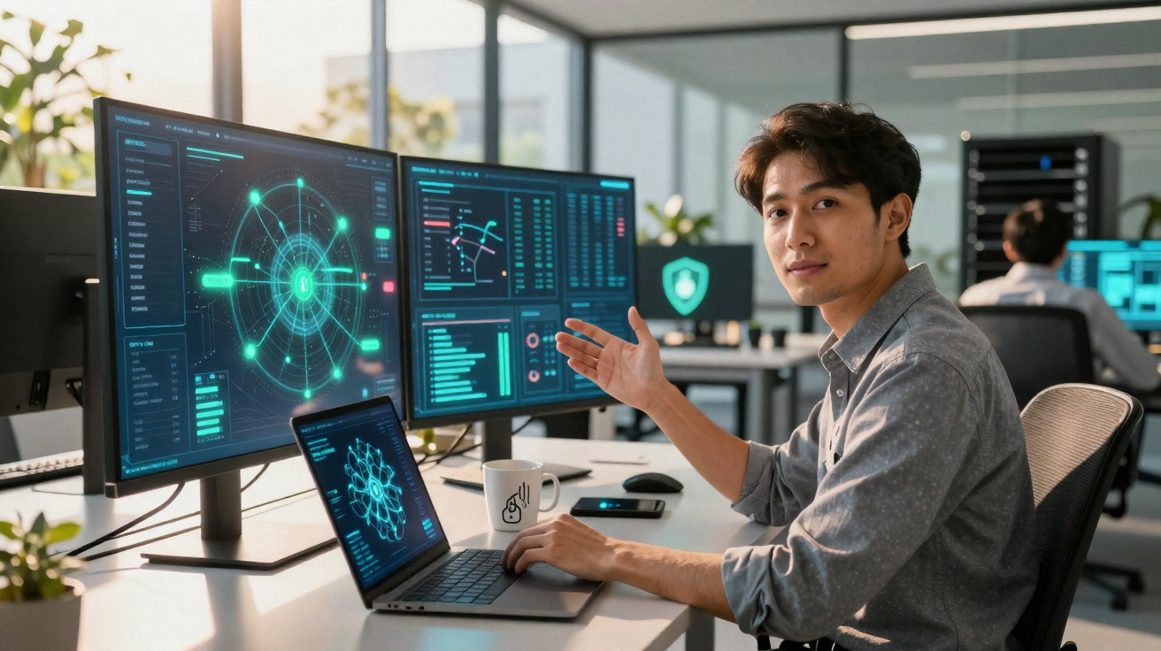 Homem em escritório moderno mostrando telas de computador com gráficos digitais e dados tecnológicos.