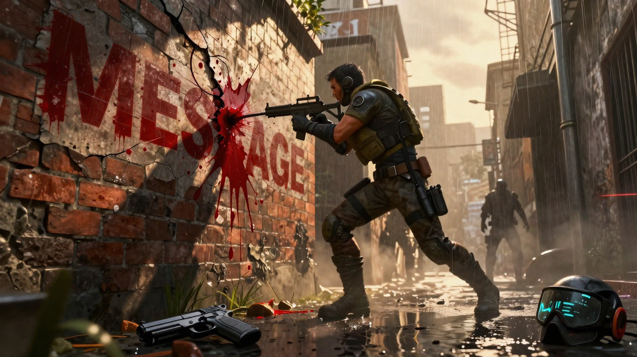 Soldado com fuzil em beco urbano atira contra parede com palavra "MESSAGE" manchada de sangue digital.