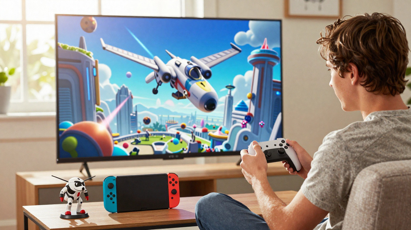 Homem jogando videogame em console com controle em mãos e jogo de nave espacial na TV.