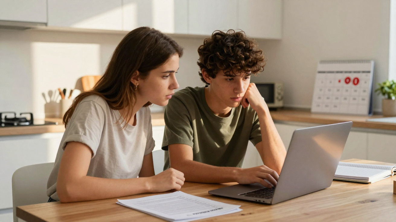 Dois jovens sentados na mesa da cozinha, olhando atentamente para o notebook com papéis ao redor.