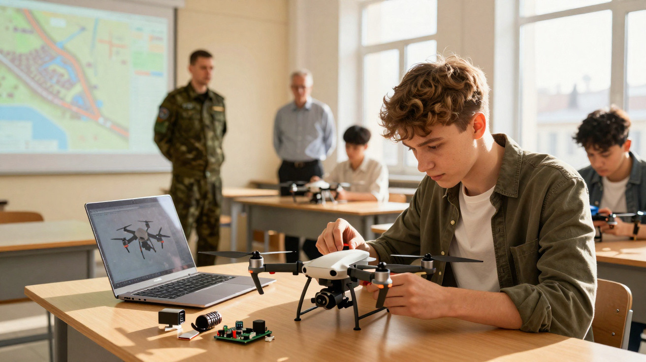Estudante monta drone em sala de aula com laptop e professores ao fundo.