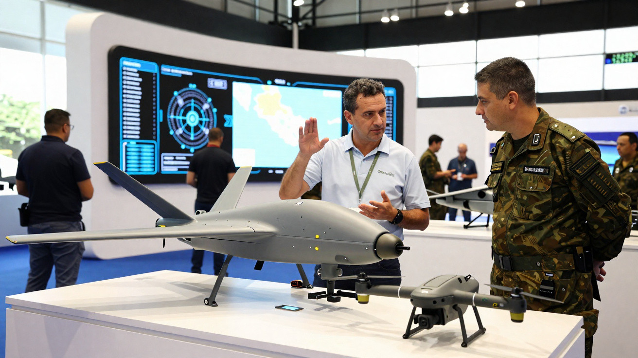 Homem explica drone grande para militar em exposição com telas e outras pessoas ao fundo.