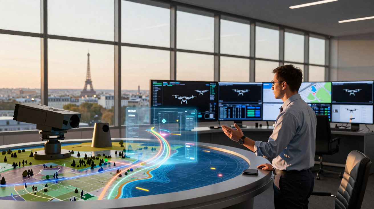 Homem em sala de controle com múltiplas telas e mesa interativa exibindo mapas e gráficos, Torre Eiffel ao fundo.