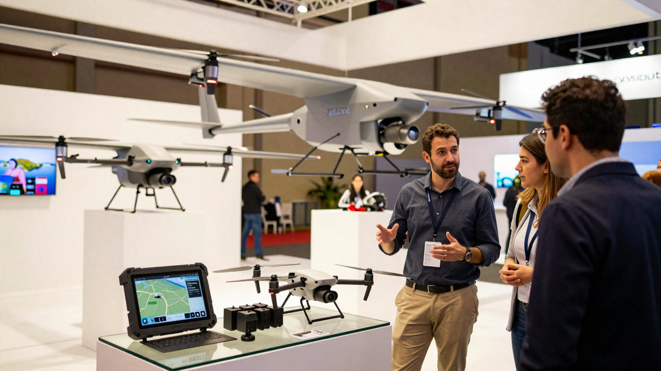 Homem apresenta drones industriais para duas pessoas em exposição tecnológica dentro de salão.