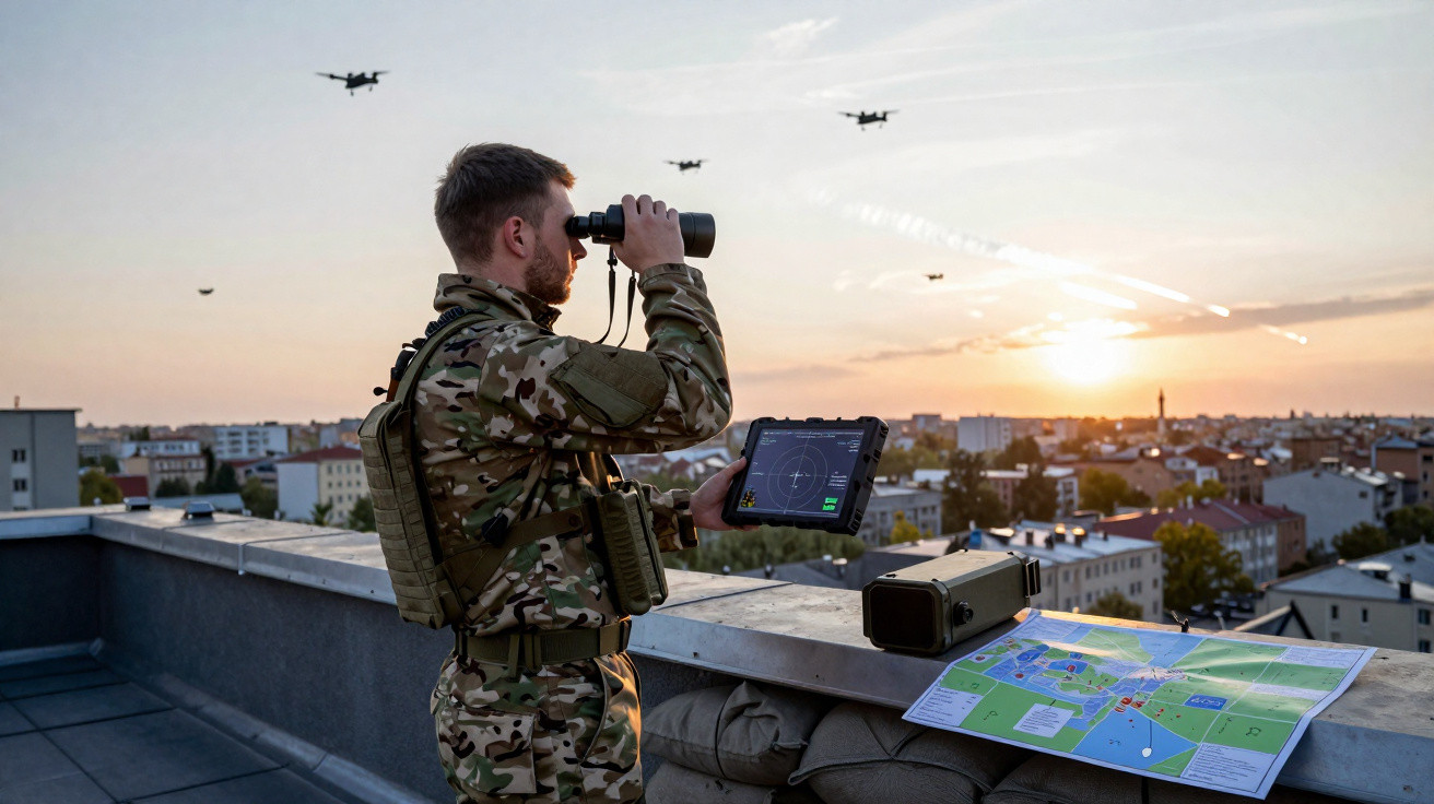 Soldado observa com binóculos e tablet drones voando sobre a cidade ao pôr do sol, com mapa ao lado.