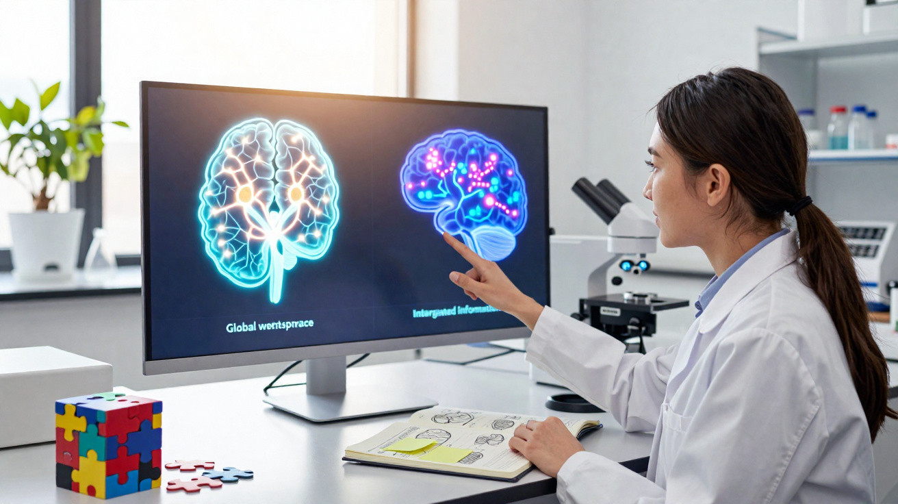Pesquisadora analisando imagens digitais de cérebro em computador em laboratório moderno.