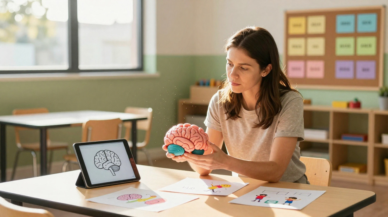 Mulher estudando cérebro com modelo 3D e tablet em mesa de sala de aula iluminada.