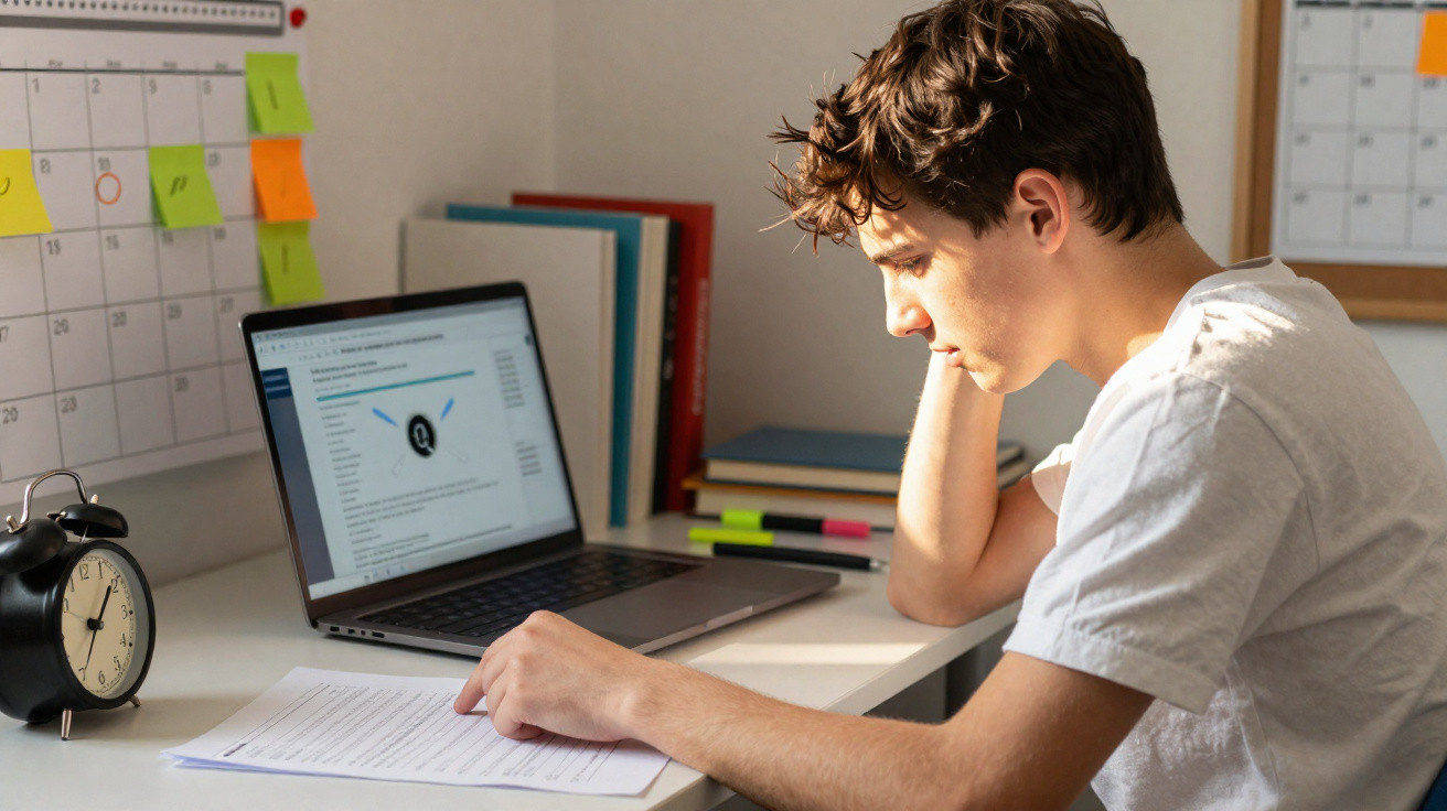 Jovem estudando em mesa com laptop, papel, relógio e calendário ao fundo organizado com post-its coloridos.