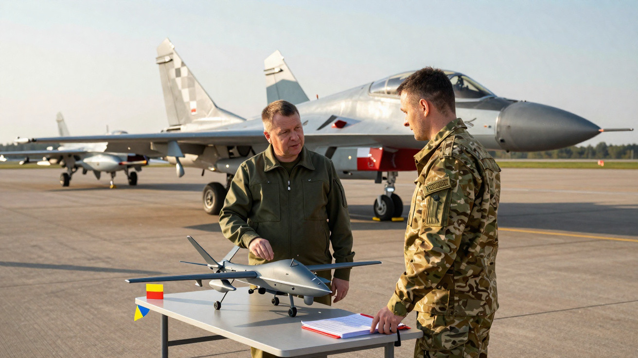 Dois militares conversam ao lado de um drone em miniatura sobre uma mesa, com jatos de combate ao fundo.