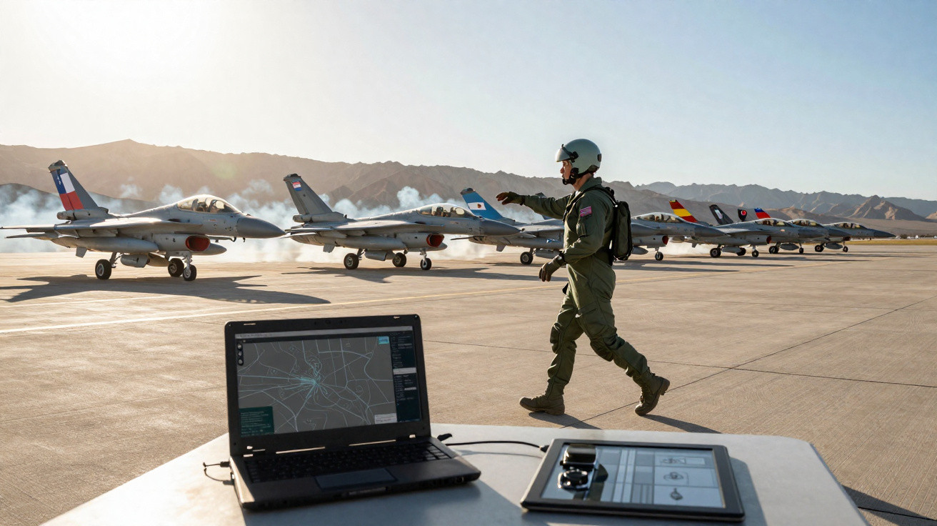 Militar em uniforme andando próximo a jatos militares alinhados em pista de pouso com laptop em mesa.