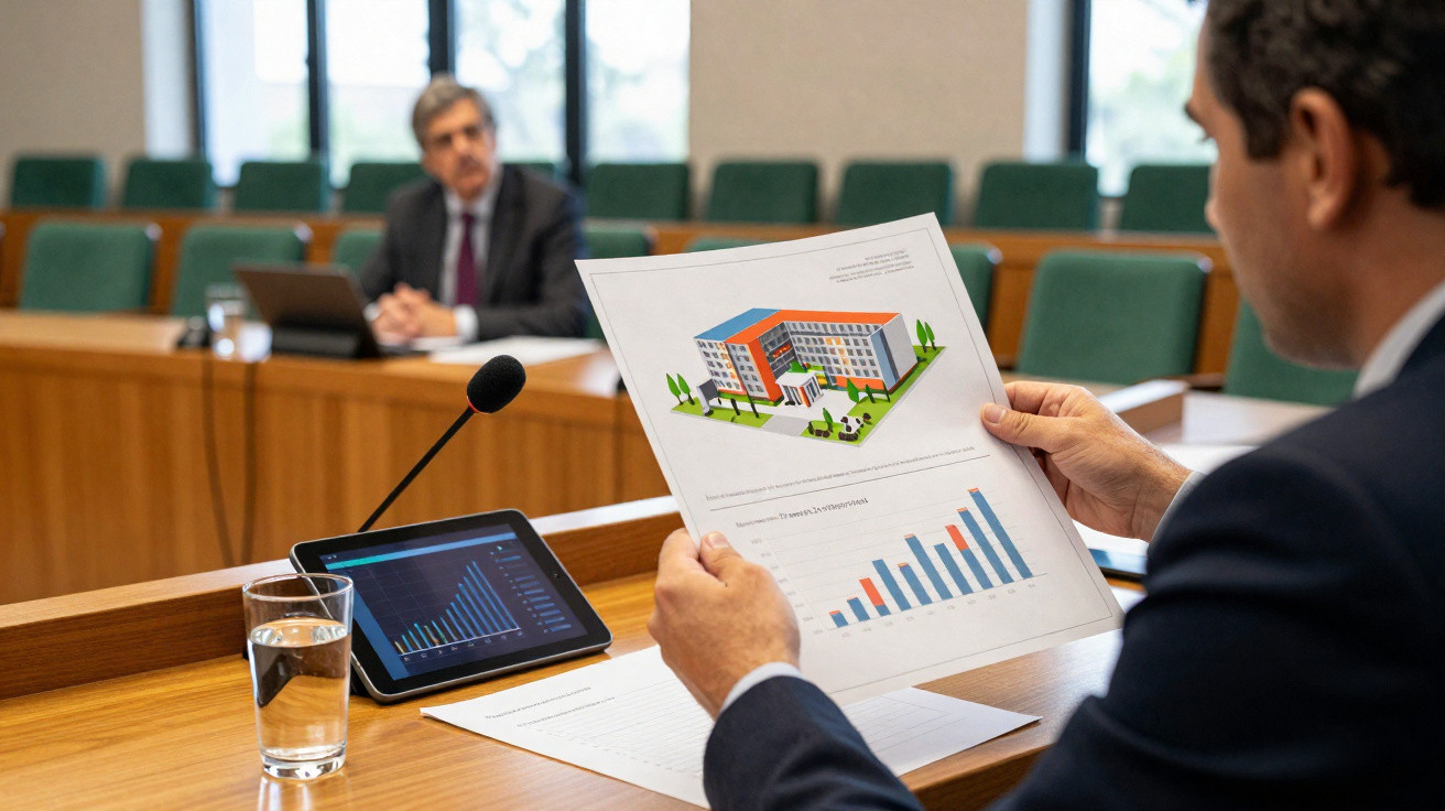 Homem em reunião segurando gráfico com desenho de edifício e gráficos de barras em sala de conferência.