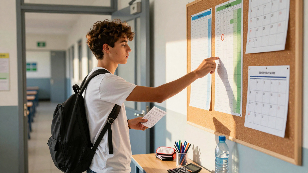 Jovem estudante em corredor escolar consulta calendário no mural enquanto segura papel.